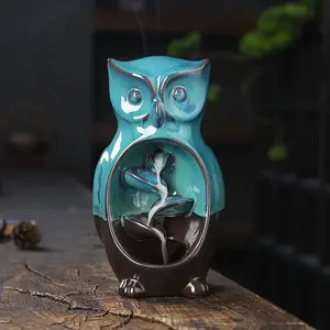 Cute Owl Design Aroma Diffuser, 1 Count Creative Ceramic Backflow Incense Fountain Waterfall Incense Burner, Desktop Decoration for Home Office