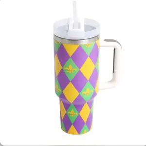 Mardi Gras Fleur de Lis Pattern Printed 40oz Stainless Steel Tumbler with Handle