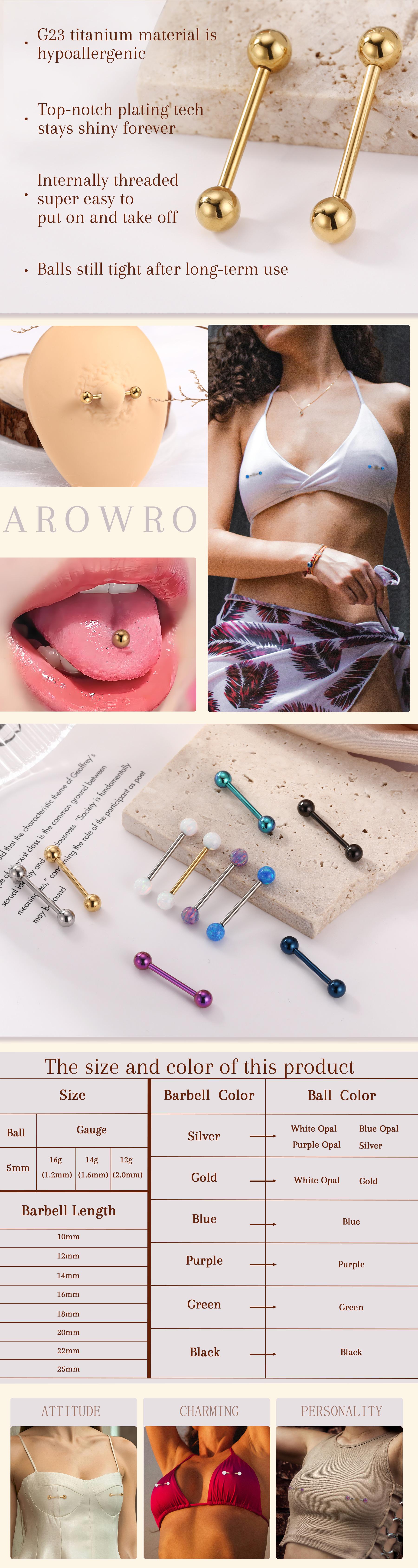 AROWRO Nipple Piercing Jewelry G23 Titanium Nipple Rings Tongue Rings Nipple Bar 14G Internally Threaded Straight Barbells Bridge Piercing Jewelry 12mm-20mm