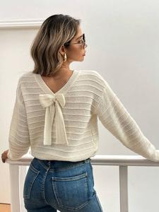 women's bowknot solid color long sleeve pullover sweater, loose fit casual knit top for fall & winter, ladies fashion clothing, women fall outfit, fall cute sweater, winter sweater for women, autumn knitwear
