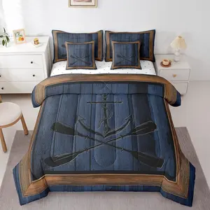 Nautical Anchor Kids Comforter Set,7 Piece,Lake Life Theme Black Paddle Print Reversible Quilt Set,Navy Blue Wooden Board Brown Plaid Bedding Set