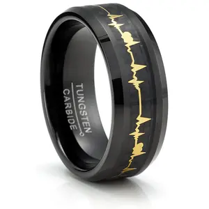 Men's Black Tungsten Ring Wedding Band Black Gold-Tone Heart Beat Carbon Fiber Inlay 8MM Comfort-Fit
