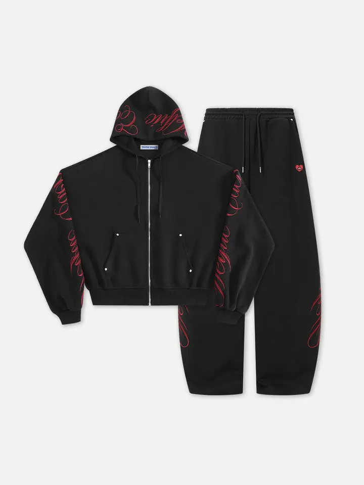 Aelfric Eden Boxy Embroidery 2 Piece Tracksuit Set High Waist Red Gothic Script Embroidery Detail Boxy Cropped Zip Up Hoodie + Baggy Wide Leg Sweatpants Soft Fabric Y2K Streetwear Unisex Two Piece Outfit,father'sdaygifts