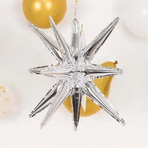 5 Pack Metallic Silver 14-Point Star Explosion Foil Balloons, Fireworks Starburst Shaped Mylar Party Balloons 22"