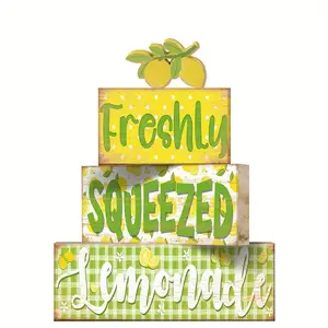 4 Pcs Summer Lemon Decor Wooden Tiered Tray Sign, Farmhouse Rustic Lemon Table Decor Book Stack Block Hello Sunshine Summer Decorations for Home Office Kitchen Mantel Shelf