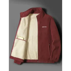 Men's Fleece-Lined Casual Jacket - Warm Stand Collar Zip-Up with Pockets, Maroon Fall/Winter Coat for Sports & Outdoor Activities