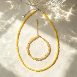 Natural Citrine Beaded Bracelet & Dainty Necklace Set Wealth Luck Abundance Prosperity Positive Energy Healing Crystal Jewelry for Women Mother's Day Gift