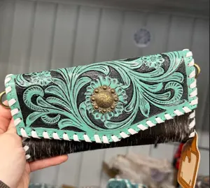 Genuine hand tooled leather & cowhide wallet with wristlet and crossbody strap option- turquoise