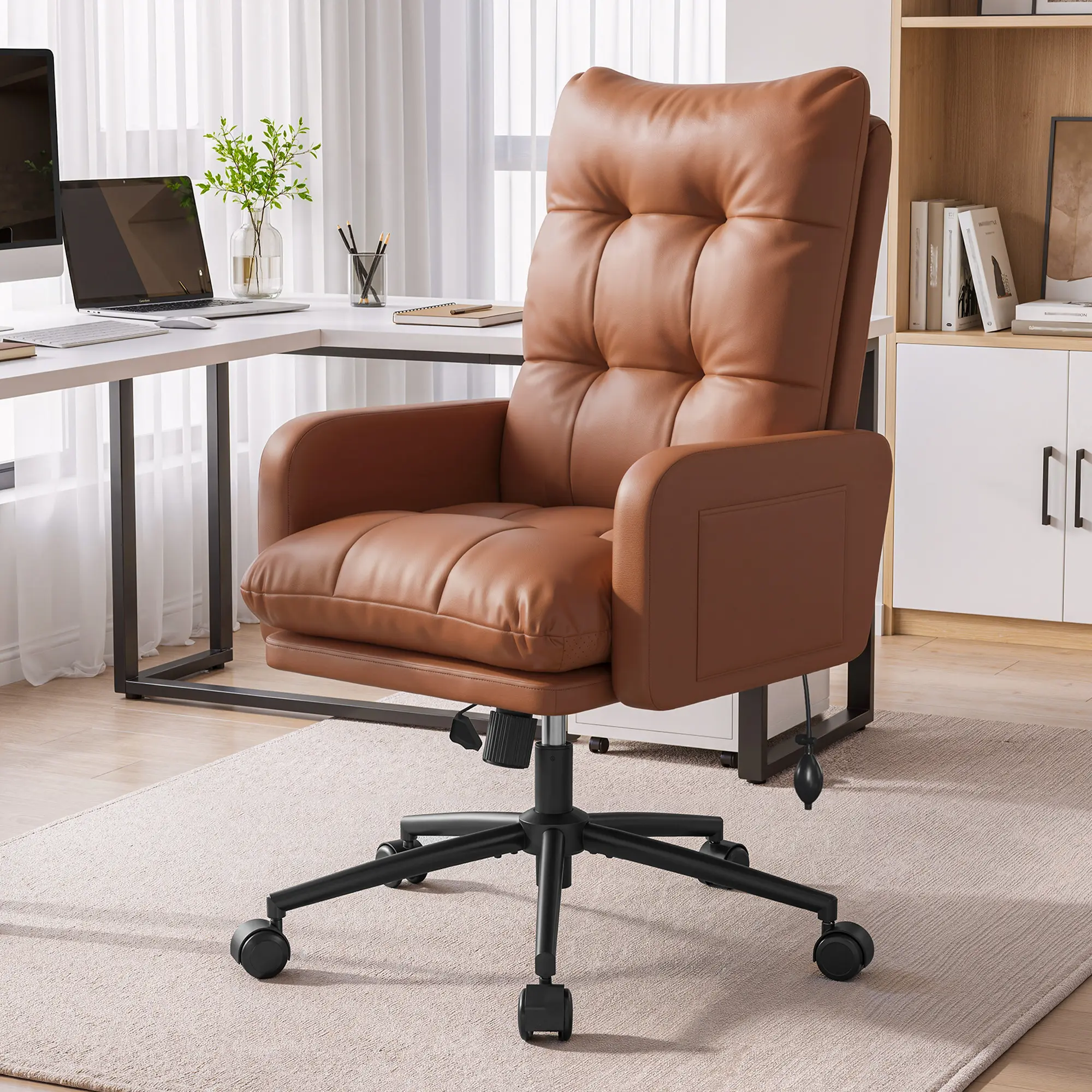 Raybee Ergonomic High Back Office Chair with Inflatable Lumbar Support,Double-Thick Cushion, 95°–125° Rocking Function, Adjustable Height, Dual Side Pockets, PU Leather Swivel Desk Chair, 300 lbs Capacity