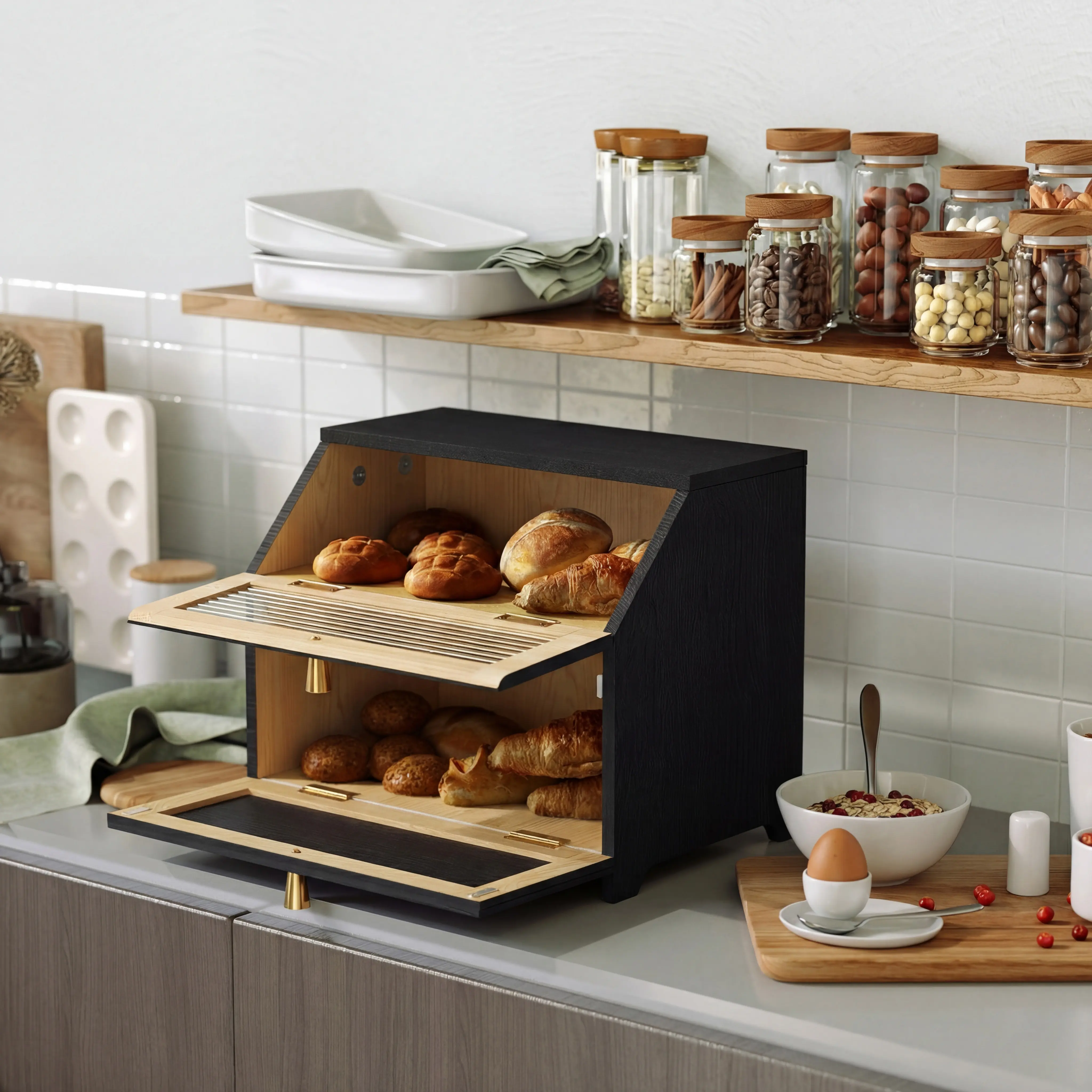 【summerwins】HLR Luxury Black & Gold Retro Sturdy P2 MDF Wood Bread Storage Box with Magnetic Lock Lid, Golden Trim Metal Handles, Waterproof Design, Modern Classic Space-Saving Decorative Piece, Holds Loaves, Ideal for Home Bakers' Kitchen Counters