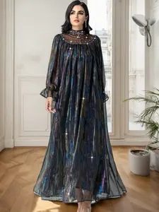 Women's Abaya Long Robe, Chiffon Fabric with Embroidery, Sparkling Rhinestone Collar, Arabic Style Design