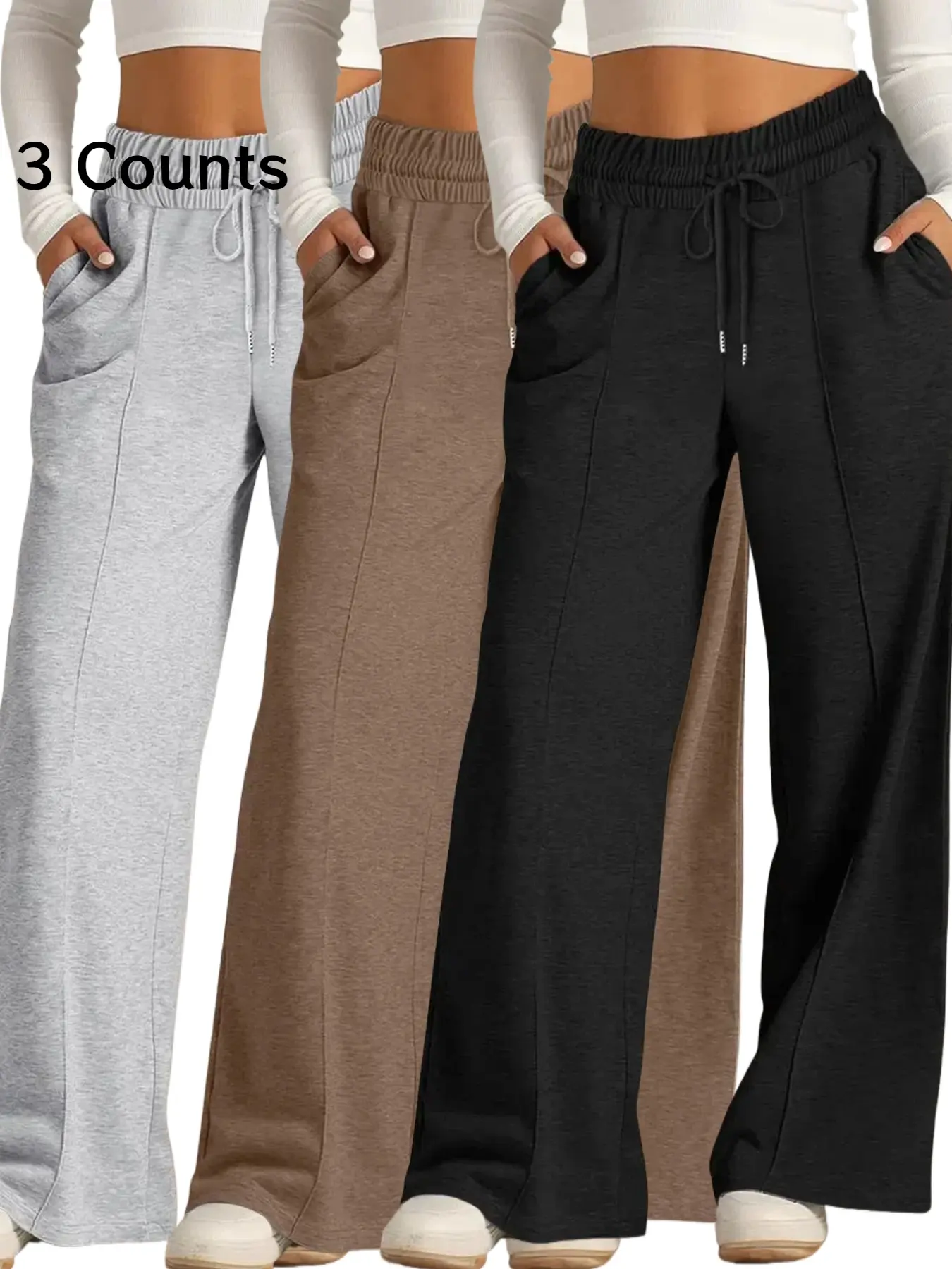 Women's High Waist Fitted Drawstring Wide Leg Pants, Basic Casual Elastic Waist Long Knit Trousers with Pockets, All Seasons Wearable Home Clothes Bottom, Casual Elastic Waisted