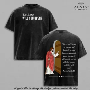 Christian Faith T-Shirt Featuring Jesus Knocking at the Door, Inspirational Scripture Design, Vintage Washed Oversized Tee for Believers and Worship Wear TC3