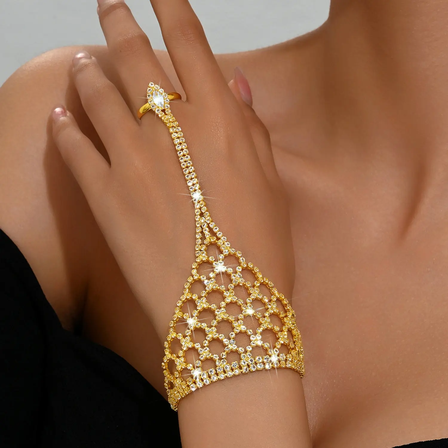 Geometric Bracelet for Female, Modern Wide Cuff with Rhinestone Grid Pattern, Elegant Fashion Armband Jewelry, Exquisite Bracelet, Bangle