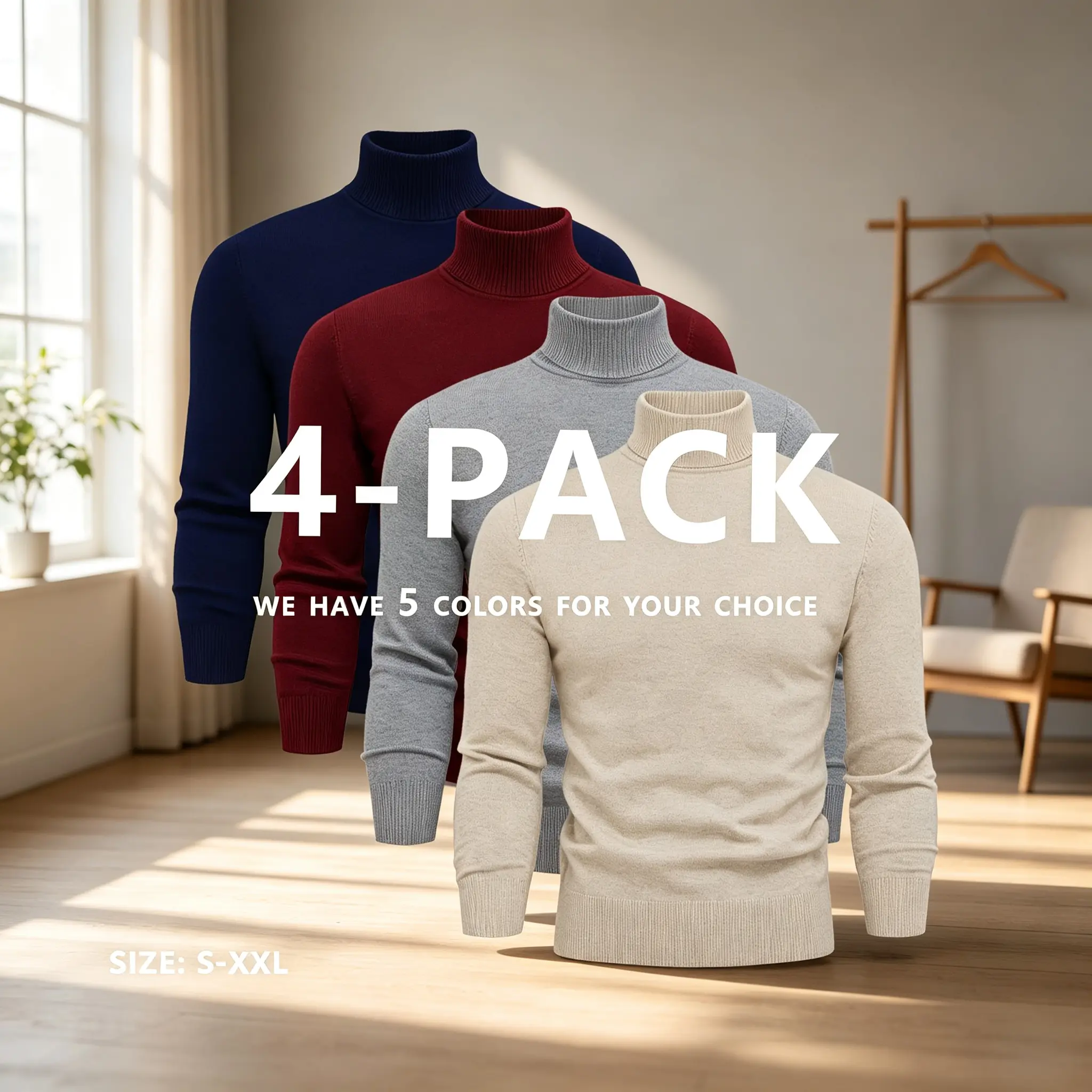 Men’s 4-PCS Regular Fit Ribbed Solid Turtleneck Knitted Pullover Sweaters, Soft Long-Sleeve Fabric Menswear Tops, Elegant Matching for Daily Casual & Business Office Wear, S-XXL, Hem