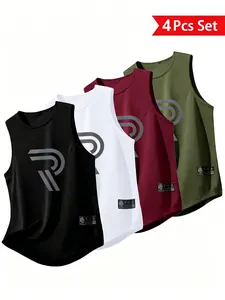 4-Pack Men's Sporty Tank Tops, Round Neck Breathable Workout Shirts, Unisex Sleeveless Gym Wear, Soft Moisture-Wicking, Ideal for Fitness & Running, Sports Tank Tops