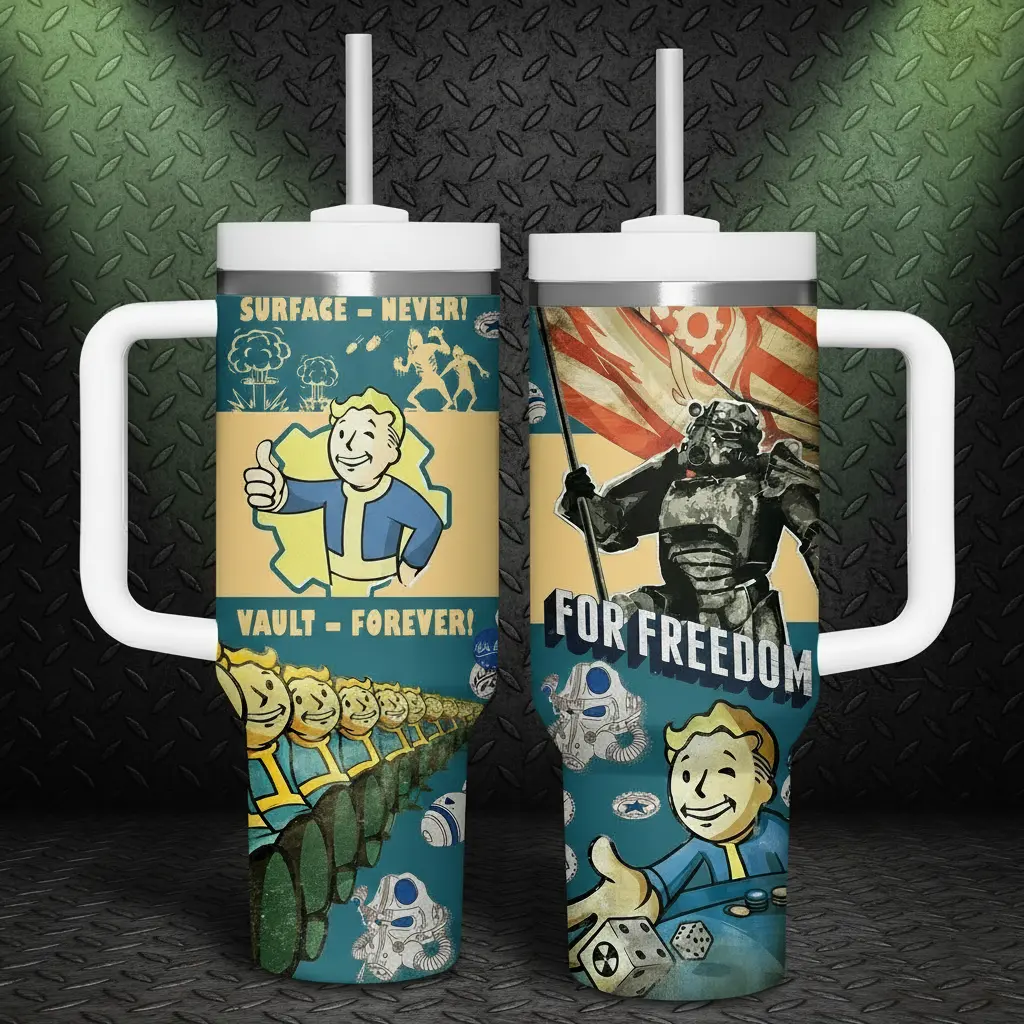 Fallout Vault Boy 40oz Tumbler with Handle and Straw | Power Armor Vault-Tec Insulated Mug | Surface Never Vault Forever | Gamer Gift Merch US Shop