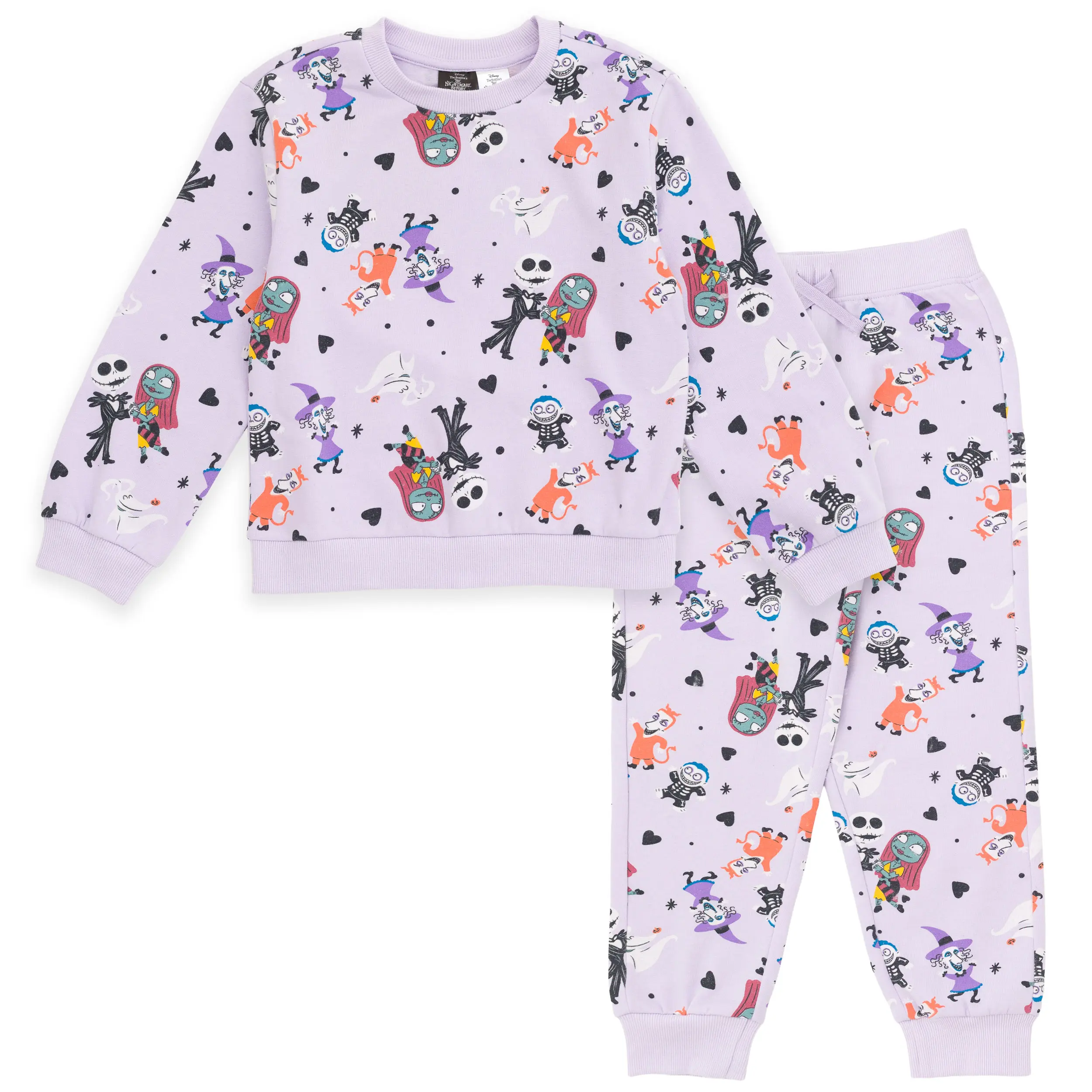 Disney Nightmare Before Christmas Girls' Allover Print 2-Piece Pullover Sweatshirt and Pants Set with Drawstring Jack Sally Purple Toddler to Big Kid, Drawstring Pants, Drop Shoulders, Elastic Waist Pants