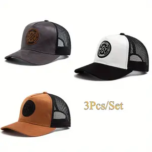 3pcs Set of Casual Mesh Trucker Caps - Black, White, and Brown with "TRUCKER" Logo, Lightweight Polyester, Perfect for Travel, Running, and Everyday Style, Casual Headwear |     Stylish Mesh Cap |     Lightweight Headgear, Baseball Cap