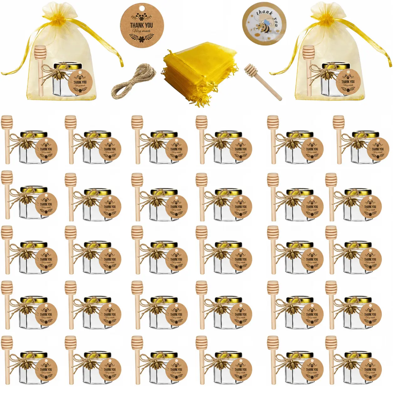 1.5oz Mini Glass Honey Pot Set - Wood Dipper, Gold Lid, Bee Charms, Gold Organza Bags, Thank-You Tags, Ideal for Baby Showers, Wedding Favors