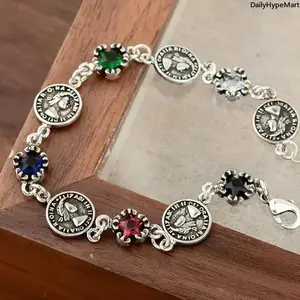 Women's Vintage Queen Coin Silver Bracelet - Dainty Crystal Bracelet with Colorful Accents, Detailed Shining Fashion Accessory for Daily Wear