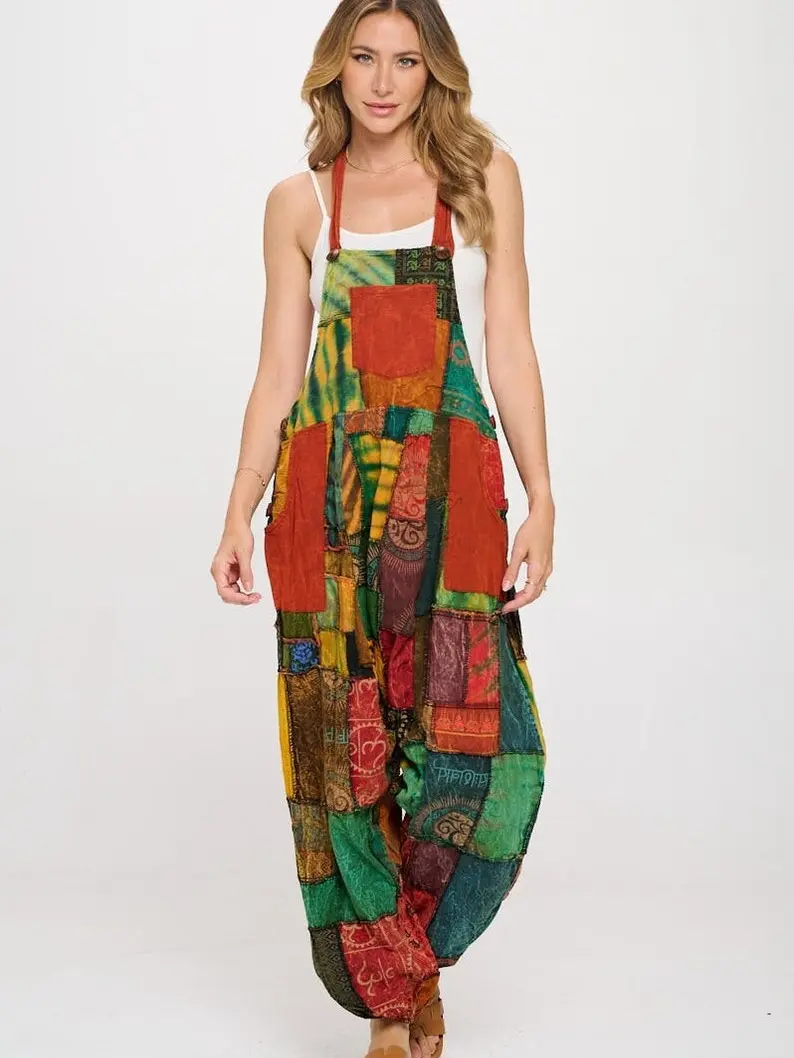 Cotton patchwork unisex harem overalls, free spirit cloths, boho cloths, hippie cloths, tie dye overall, dungarees