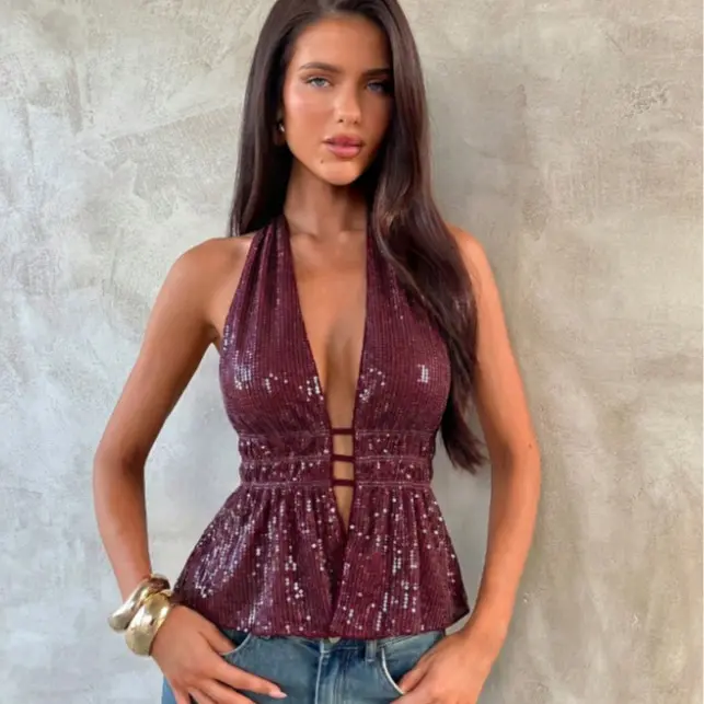 Young Hot Girl Halter Neck Tie-Up Backless Patchwork Sequin Deep Purple Red Women's Tank Top