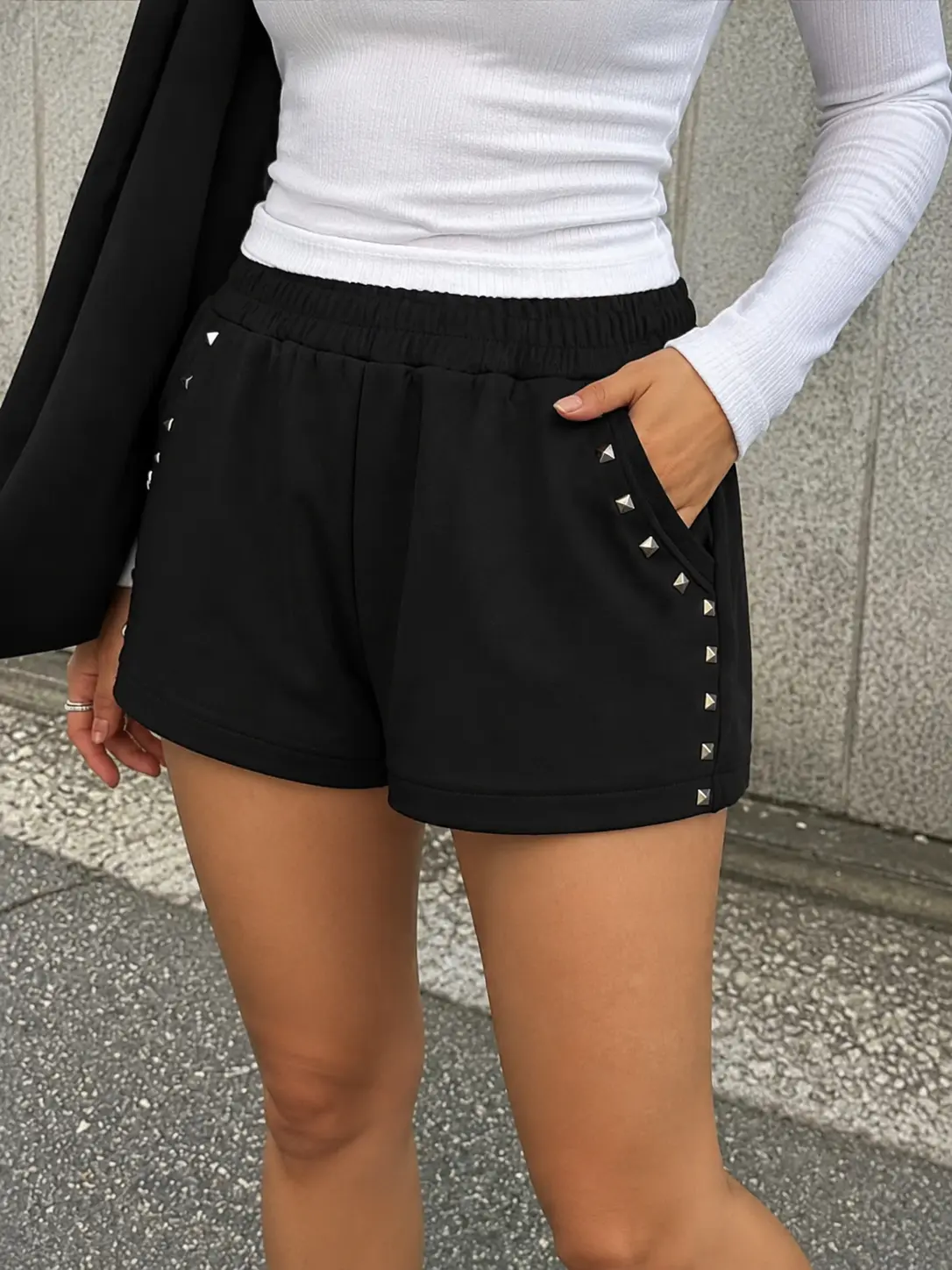 Elengatine Women Metal Studded Shorts, Sexy Silver Eyelet Decor Straight Leg Shorts, Stylish High Waisted Casual Bottoms with Shimmering Detail, Chic Aesthetic Streetwear, Soft Breathable One Piece for Summer, Trendy Baddie Style Outfit