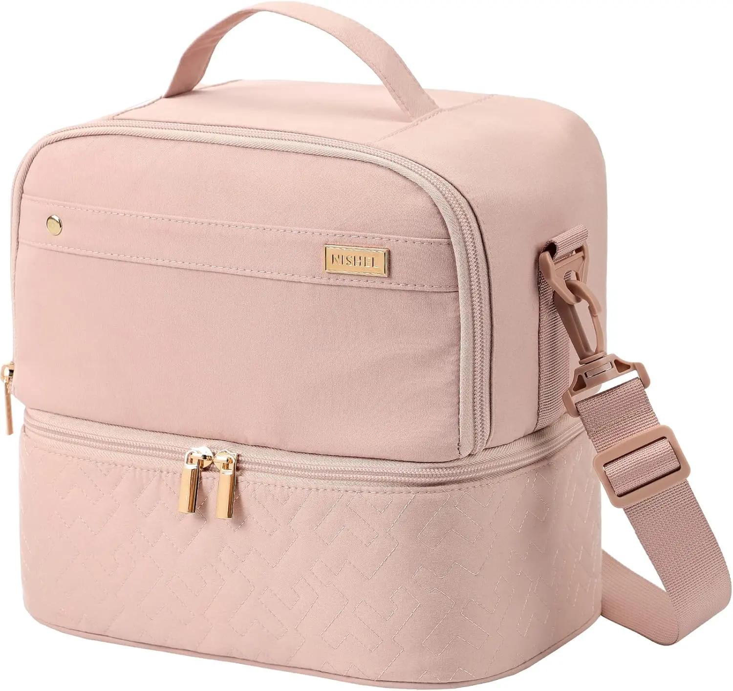 NISHEL Lunch Bag for Women, Insulated Two Separate Compartments Lunch Box with Adjustable Shoulder Strap, Leakproof Lunch Cooler Bag for Work, Pink