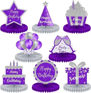 8 Pcs Birthday Centerpiece Table Decoration, Happy Birthday Honeycomb Centerpieces Purple and Silver Party Honeycomb Decorations Birthday Table Toppers  Party Supplies