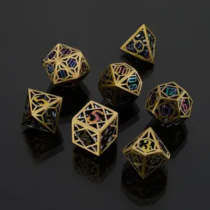 Dnd Hollow Polyhedral Dice Set, Handcrafted Metal Original Color Dice, Engraved Submerged Font, Perfect for Role-Playing Games