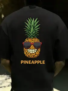 Cartoon Smile Pineapple Short Sleeve, Unisex Oversize Loose Fit, Retro Style, Random Print, Casual Wear, Men and Women