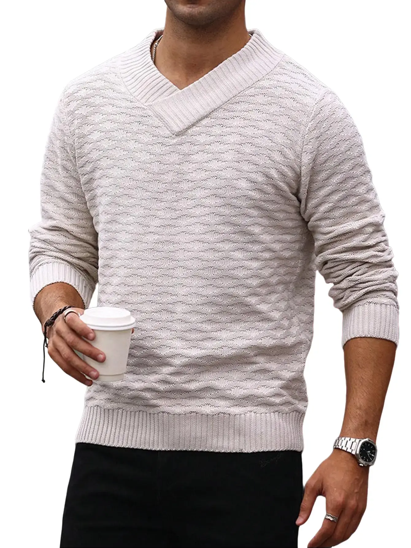 Men’s casual commuter V-neck 3D seamless pullover sweater, versatile for back-to-school season, business events, and office wear