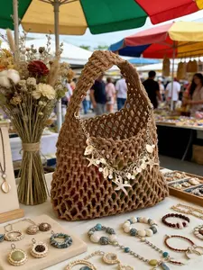 Boho Crochet Beach Handbag with Shell Starfish Pendant, Mesh Backpack, Casual Handbag for Beach Lovers, Women, Travelers, Perfect for Pool Parties, Travel Handbags