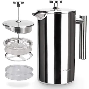 Secura French Press Coffee Maker, 304 Grade Stainless Steel Insulated Coffee Press with 2 Extra Screens, 34Oz (1 Litre), Silver Secura
