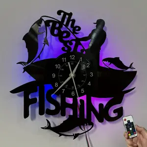 Colorful vinyl record wall clock, fishing theme, suitable for home decoration, wall decoration, hotel decoration, company decoration, holiday gifts, birthday gifts, graduation gifts, desktop art ornaments, collection for fishing enthusiasts