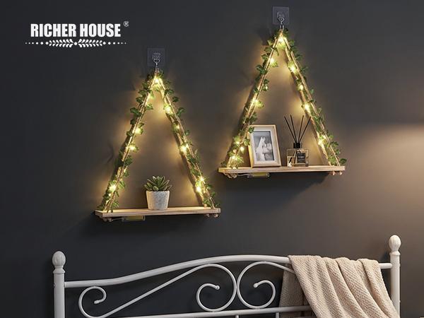 RICHER HOUSE Artificial Ivy LED-Strip Wall Hanging Shelves, Macrame Shelf for Bedroom Bathroom Living Room Kitchen, Wood Hanging Plant Shelves for Wall Décor