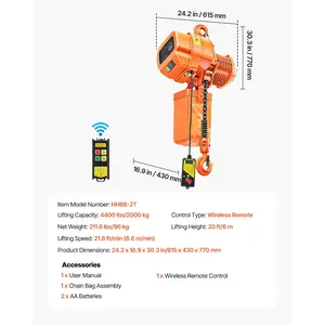 VEVOR 4400 lbs Electric Chain Hoist, 20 ft Lifting Height, Three-Phase Overhead Crane with 328 ft Wireless Remote Control, Single G100 Chain Electric Lift Hoist for Factories, Warehouses, Garages