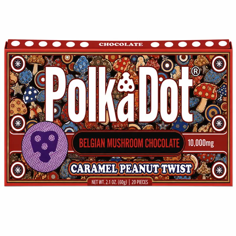 Polkadot Belgian Chocolate, 20 Count, High Potency Plant-based Mushroom Snack, Caramel Peanut Twist, 100% Organic, High-Quality Ingredients, Made in USA, All Natural, Healthy Chocolate, 20 Piece Chocolate Bar