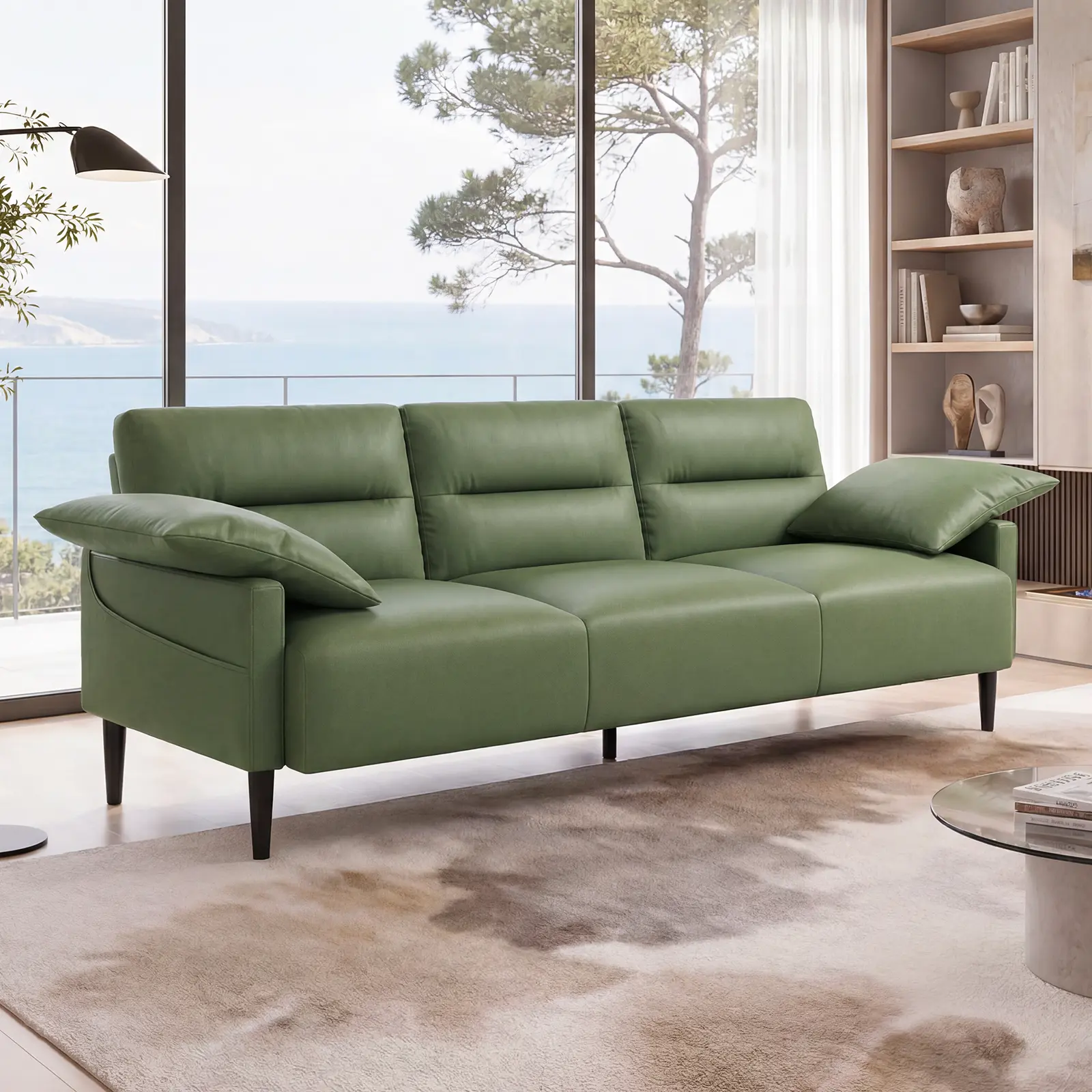SUNG7 83" Faux Leather Couch, Upholstered 3 Seater Sofa with Pillows, Solid Wood Frame Leather Sleeper Sofa with Metal Legs& Side Pocket, Mid Century Sofa Couches for Living Room, Bedroom, Office