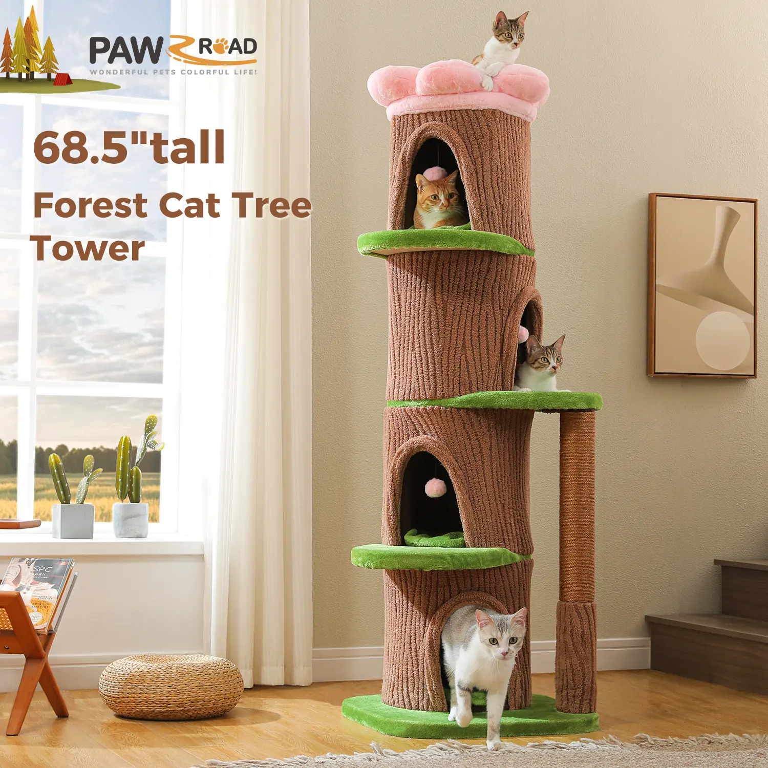 PAWZ Road Natural Wood Cat Tree with Flower Perch Modern Cat Tower in 2 Sizes 53.5 & 68.5 Inch Heavy-Duty Forest Style Cat Furniture with Cozy Condos for Indoor Multi-Cat Households Vertical Scratcher Calming#DealsForYouDays