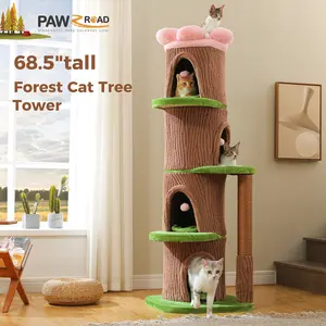PAWZ Road Natural Wood Cat Tree with Flower Perch Modern Cat Tower in 2 Sizes 53.5 & 68.5 Inch Heavy-Duty Forest Style Cat Furniture with Cozy Condos for Indoor Multi-Cat Households Vertical Scratcher Calming