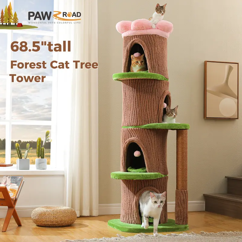 PAWZ Road 68.5-Inch Heavy-Duty Solid Wood Cat Tree - 4 Condos, Vertical Scratcher, 19.7in Perch Room, Forest Look for Indoor Multi-Cat Households#DealsForYouDays