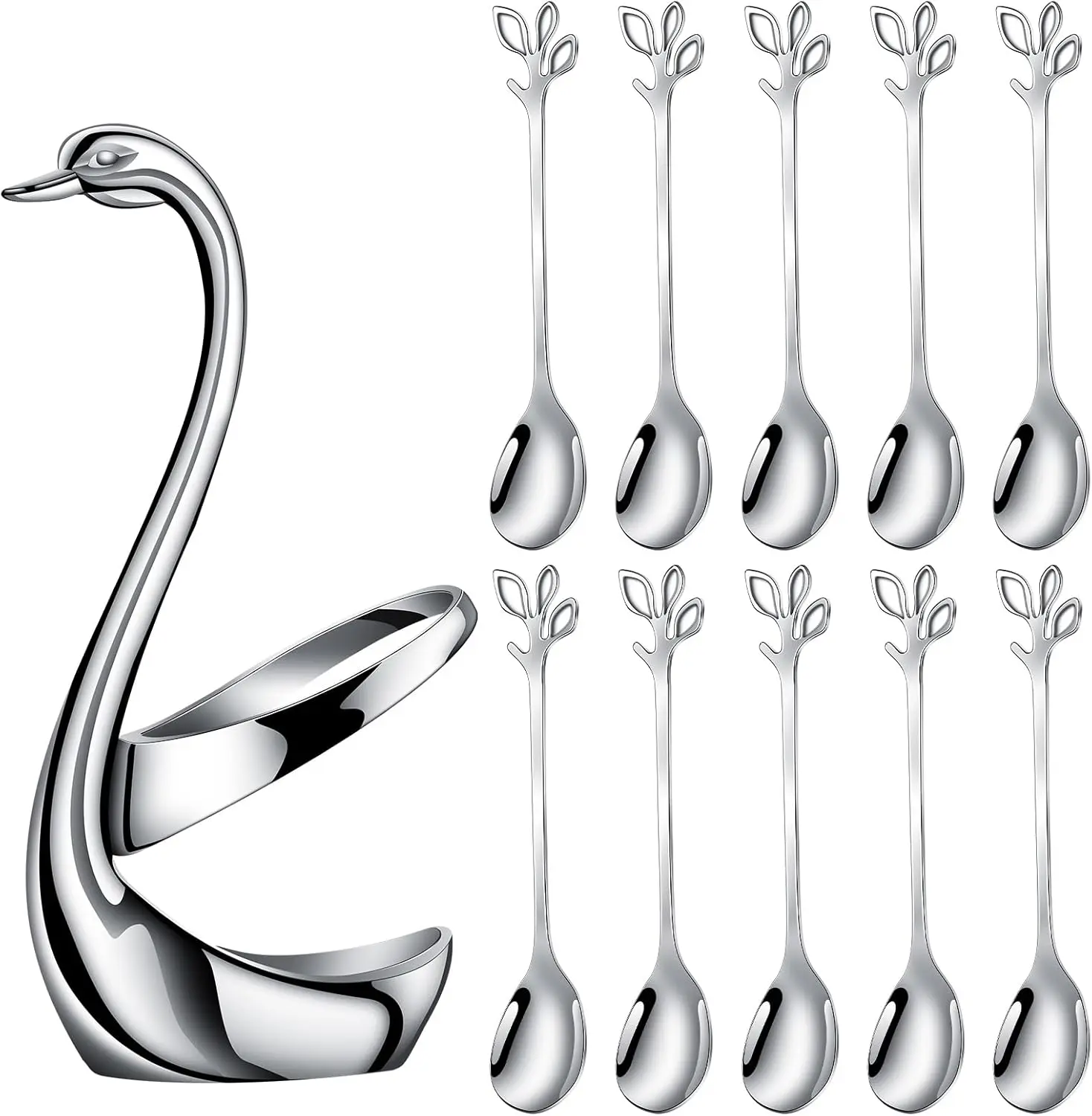 Silver Small Coffee Spoon Holder Set,Swan Base With 10 Pcs Demitasse Espresso Spoons Set,4.7" Mini Leaf Dessert Spoon,Stainless Steel Tea Spoons - Home Improvement.