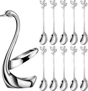 Silver Small Coffee Spoon Holder Set,Swan Base With 10 Pcs Demitasse Espresso Spoons Set,4.7" Mini Leaf Dessert Spoon,Stainless Steel Tea Spoons - Home Improvement.