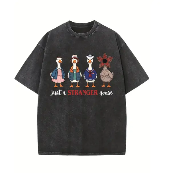 Stranger Things Vintage Wash "Just a Stranger Goose" Graphic T-Shirt Oversized Funny Mashup Tee Retro Sci-Fi Fan Gift