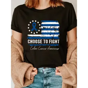 100% Cotton  Colon Cancer Awareness Blue American Flag T-Shirt