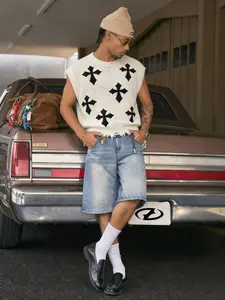 Men's Cross Pattern Hollow Out Breathable Sleeveless Vest | Distressed Hem Streetwear Crop Top | Black/White