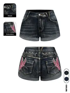 Summer Vibes Women's Elastic Denim Shorts, Butterfly Embroidery Design, Button Fly Closure, Mid Waist, Knee Length, Fashionable Casual Wear