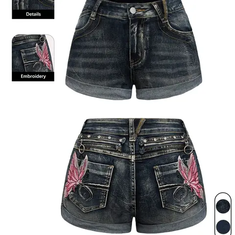 Women's Summer Vibes Elastic Stretchy Denim Shorts, Casual Denim Shorts, Mid Wash Shorts, Butterfly Embroidery Design, Button Fly Closure, Mid Waist, Casual Beach Wear